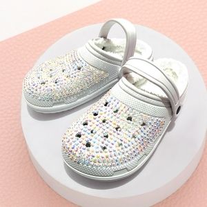 White Bling Rhinestone Crystal Fur Slip On Croclike Slides Rubber Clogs Sandals